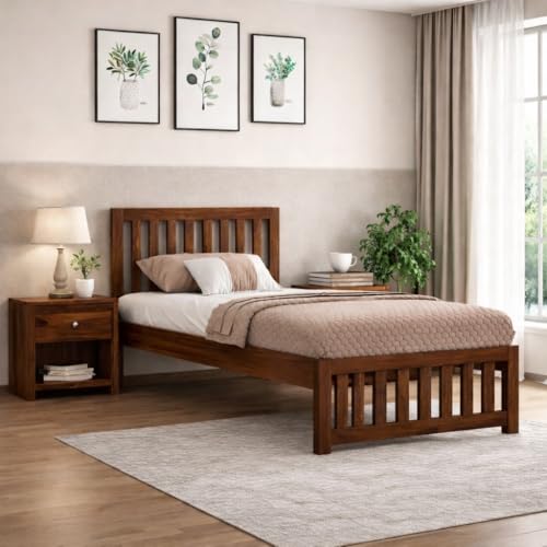 Image of KR Furniture Solid Sheesham Wood Single Bed | 6x3 ft Wooden Cot with Slatted Headboard & Footboard | Strong Frame Support | Modern Bedroom Bed for Home, PG & Hostel | Honey Finish