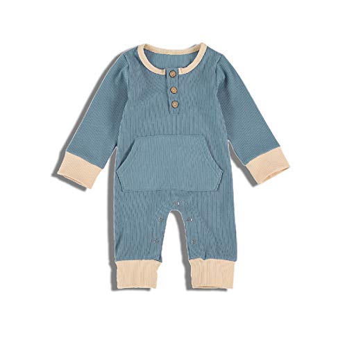 Baby Girl Boy Outfits Solid Color Long Sleeve Jumpsuit Romper with Kangaroo Pocket One Piece Infant Fall Clothes (C-Blue Pocket, 3-6 Months)
