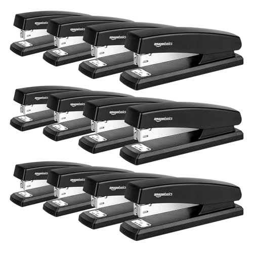 Image of Amazon Basics Office Desk Stapler, 25-Sheet Capacity, Non-Slip with 1000 Staples, Black, 12-Pack