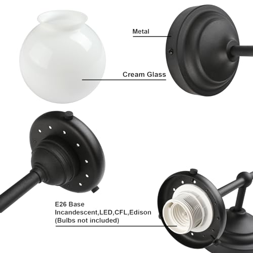 Image of Yosoan Indoor Milk Glass Wall Sconce Set of 2, Brass Modern Vintage Industrial Fixture Lights Hardwired with Round Glass Shade Lamp for Bathroom Mirror Living Room Bedside Bedroom Hallway(Black)