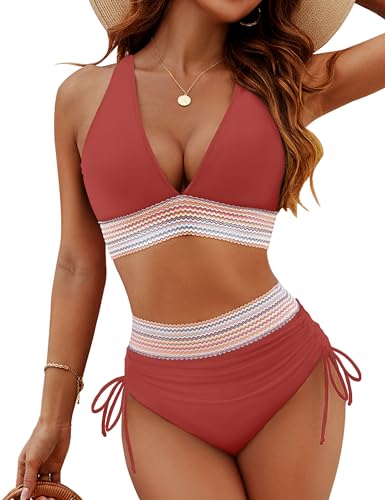 Image of Blooming Jelly Women High Waisted Bikini Sets Tummy Control Swimsuits Color Block Two Piece Drawstring Bathing Suit