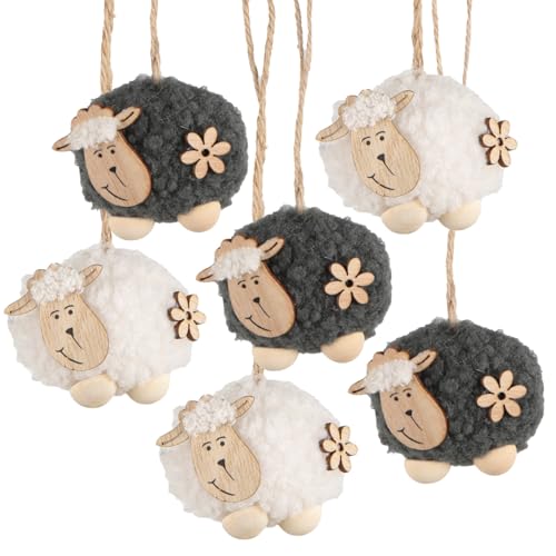 Logbuch-Verlag Lot de 6 pendentifs de Pâques en forme de mouton gris blanc en peluche et bois Décoration de Pâques à suspendre 7 cm