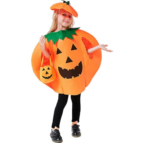 Aliangting Pumpkin Halloween Costumes for Kids Orange Pumpkin Fancy Dress Outfit Funny Halloween Costumes- Orange pumpkin hat, pumpkin costume, and candy bag （Unisex）