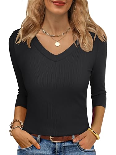 ANRABESS Womens Tops 3/4 Sleeve V Neck Ribbed Knit Slim Fit Shirts Basic Tee 2025 Fall Outfits Casual Tshirt Fashion Clothes