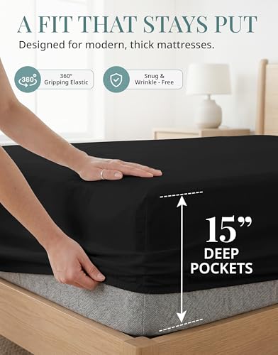 Image of LANE LINEN Cali King Sheet Set - 450 Thread Count Premium Sateen Weave for Silky Feel On Skin - Cooling Sheets for Deep Sleep - Securely Fits Mattresses Upto 15'' Deep - Oeko Tex Certified - Black