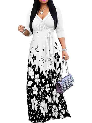 Image of Plus Size Dresses for Women Floral Print Maxi Dress Flowy 3 /4 Sleeve with Belt