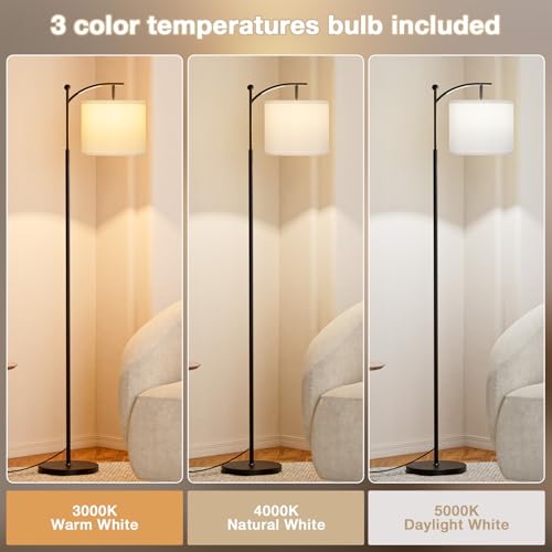 Image of Ambimall 60 inch Floor Lamp with 3 Color Temperatures, Adjustable White Shade, Black Pole - Tall Lamp for Living Room, Bedroom, Office, Classroom, Dorm - 9W Bulb Included