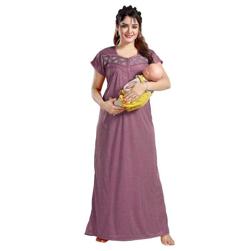 onekbhalo Women's- Full Sleeves-Feeding- Nursing- Maternity Nighty/Maxi/Gown/Nightdress/Nightwear- Hosiery Cotton Fabric- Floral Print- Embroidery with Zip (Large, Purple)-picture-23