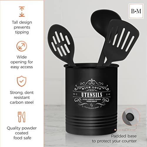 Baie Maison Large Countertop Utensil Holder - Farmhouse Kitchen Tools Storage Organizer - Black Cooking Utensil Caddy Jar Spatula Holder