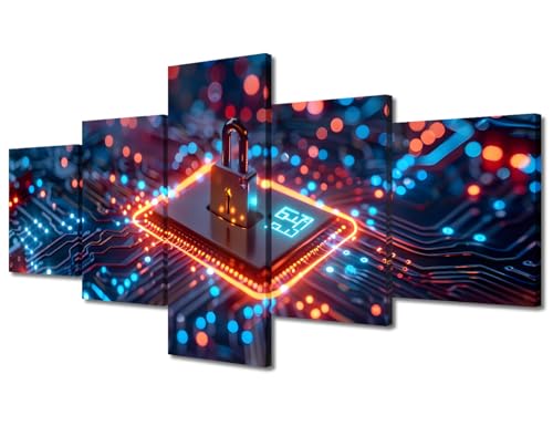 Framed Digital Cybersecurity Practices Canvas Wall Art 5 Panel Futuristic Circuit Board and Microchips Art Print Ready to Hang Framed Artwork AI Room Decor 50"Wx24"H