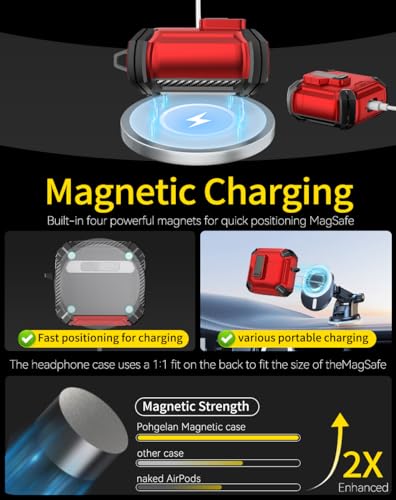 Image of Pohgelan Compatible with AirPods 4 Case (Red) | Magnetic Automatic Lock with Phone Stand & Cleaning Kit,Compatible with Magsafe