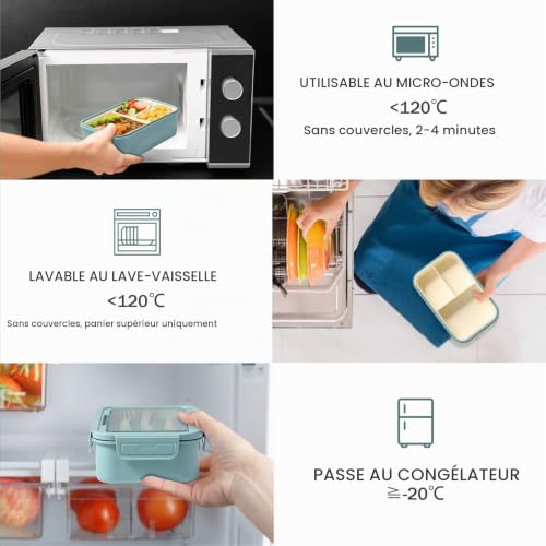Diboniur Lunch Box 1400 ml avec Couverts et 3 Compartiments, Bleu – vue 2