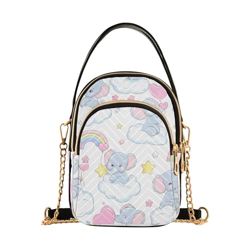 Cute Elephants Rainbow White Woman Shoulder Handbag Colorful Chain Strap Cell Phone Handbag Quilted Zipper Designer Bowler Tote