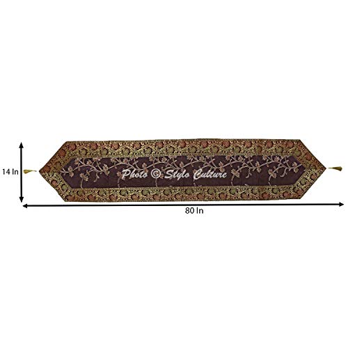 Image of Coffee & Purple Table Runner Cloth for Dining Table Long Ari Zari Embroidery Banarsi Indian Satin Ethnic 72 Inch Runner Up with Tassels Living Room Tablecloth Overlay