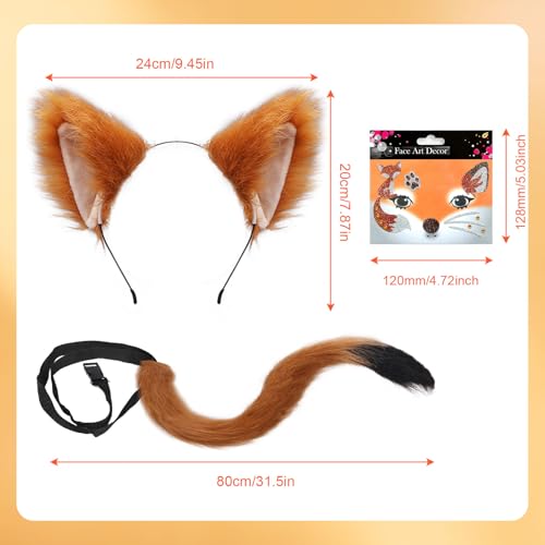 SAIIURV 3-teiliges Fuchskostüm für Kinder oder Erwachsene, Tier, Cosplay, Fuchs, Schwanz, Fuchs, Aufkleber, Tattoo, Gesicht, Tier, Kostüm für Halloween, Karneval, Weihnachten, Party, Cosplay