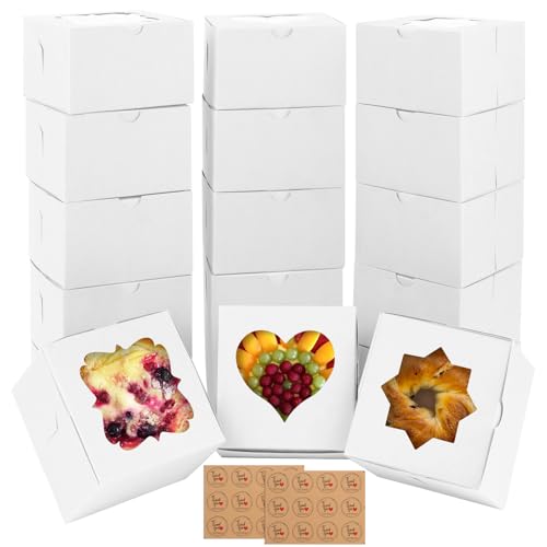 18 Stück Weiß Kuchenverpackung Box aus Papier,10×10×6.5cm Kuchenbox mit Drei Fensterformen und 24 Blättern mit Aufklebern,Faltbar Papierkuchenboxen Für Gebäck Kekse Desserts Süßigkeiten (Weiß)