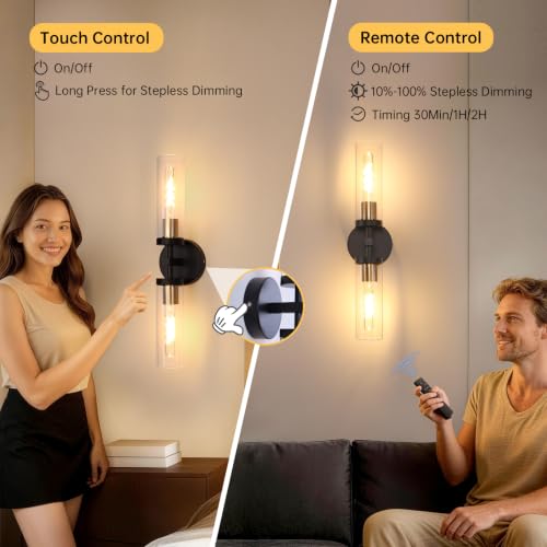 Image of Shenmoyl Set of 2 Wall Sconces, 7800 mAh Battery Operated Wall Sconce with 3 Colors & Remote Control, Black Gold Rechargeable Wall Lamp with Clear Glass Shade for Bedroom, Bathroom, Stairwell, Hallway