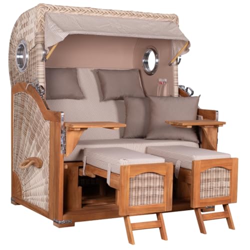 MR. DEKO® Strandkorb Düne Grande XL 2,5-Sitzer Teak | PE Geflecht Shell - Dessin 510 | Volllieger Strandstuhl mit Bullauge inkl. 2 Fußablagen | je 2 Kissen und Nackenkissen | Strandkörbe aus Teakholz MR. DEKO® Strandkorb Düne Grande XL 2,5-Sitzer Teak | PE Geflecht Shell - Dessin 510 | Volllieger Strandstuhl mit Bullauge inkl. 2 Fußablagen | je 2 Kissen und Nackenkissen | Strandkörbe aus Teakholz