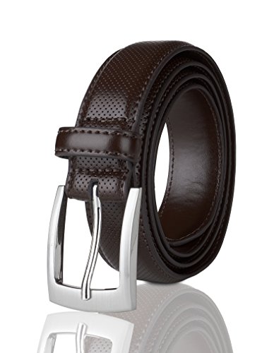 Sportoli Belts for Men Mens Belt Buckle Genuine Leather Stitched Uniform Dress Belt - Brown Perforated - Size 40 (Waist 38)