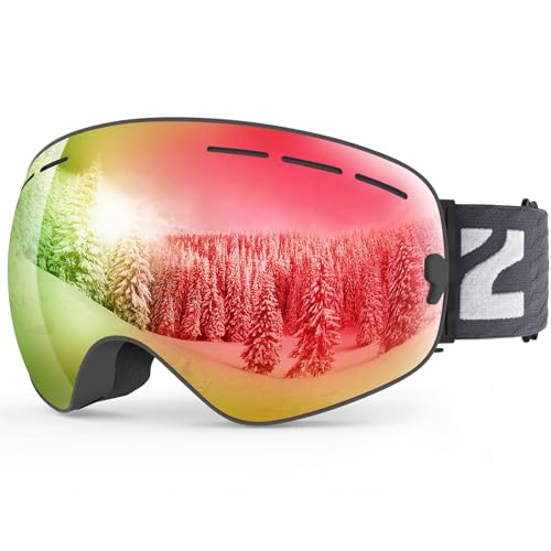 ZIONOR X Ski Snowboard Snow Goggles OTG Design for Men Women Adult with Spherical Detachable Lens UV Protection Anti-fog (VLT 21% Black Frame Revo Red Lens)