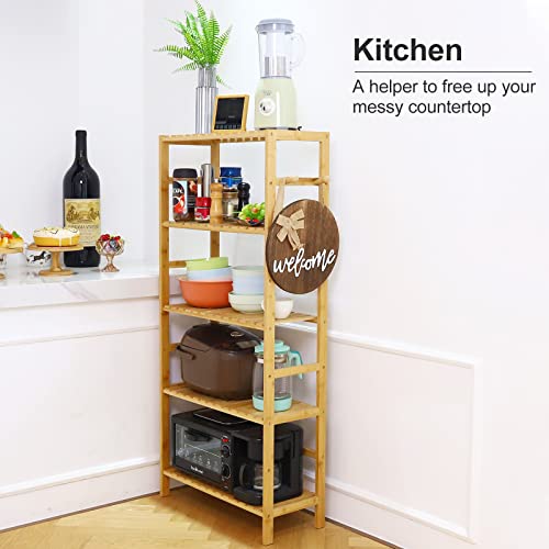 Kozart Bamboo Bookshelf 5 Tier Adjustable Bookcase 51.18” Tall Waterproof Bathroom Shelves Book Shelf With Diagonal Hooks Plant Stands Standing Shelf For Living Room Bedroom Kitchen Office (Natural) #TOP5