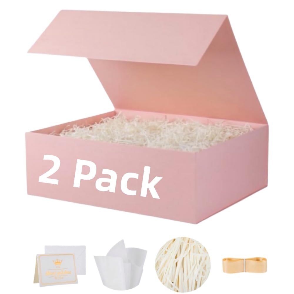 UoeRing 2 x rosa Geschenkboxen, groß, 34,3 x 30 x 11,9 cm, Luxus-Geschenkbox für Geschenke mit Magnetverschluss, faltbar, Geburtstag, enthält Karte, Band, Seidenpapier, geschreddertes Papierfüller