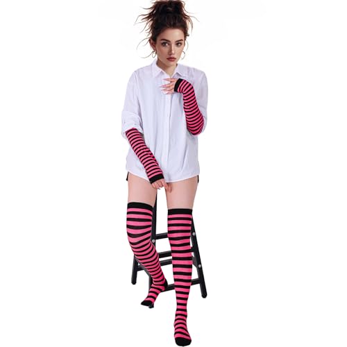 Image of Tongcloud Women's Striped Knee High Socks, Over Knee Thigh High Socks, Arm Warmer and Fingerless Gloves Set