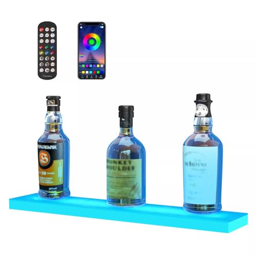 Image of VEVOR LED Lighted Liquor Bottle Display, 1 Tiers 16 Inches, Supports USB, Illuminated Home Bar Shelf with RF Remote & App Control 7 Static Colors 1-4 H Timing, Acrylic Lighted Shelf for 6 Bottles