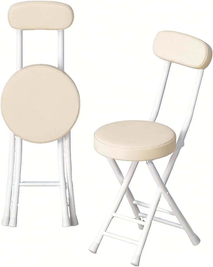 Folding Stool with Back, Padded Leather Round Foldable Stool, Foldable Bar Chairs, Round Portable Collapsible Stool for Gardening Kitchen Camping Cafe Indoor Outdoor,Beige