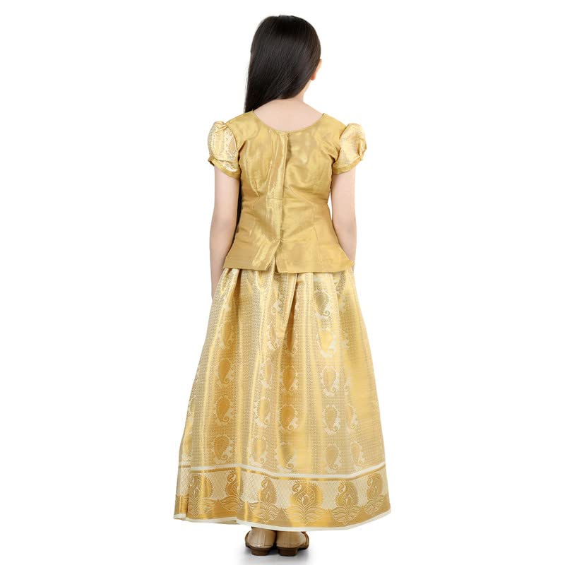 Image of BownBee Girls Silk Blend Pavda Pattu Lehenga Choli South Indian Traditional Ethnic Dress for Kids with Half Sleeves, Round neck, Back Hook Closure Dresses for Baby Girl