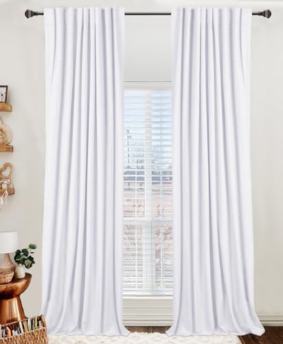100% Blackout Shield Linen Blackout Curtains for Bedroom 96 Inches Long, Back Tab/Rod Pocket Living Room Drapes, Thermal Insulated Blackout Curtains 2 Panels Set, 50" W x 96" L, Bright White