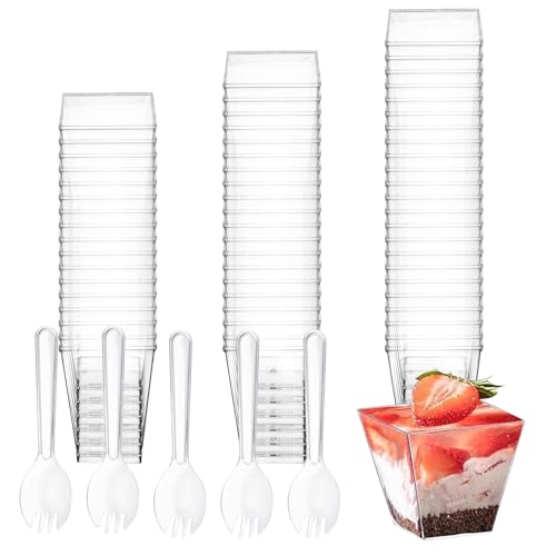 160ml Tazas de Postre, 50 x Vasos de Postre Plastico, Cuencos Aperitivos, Vasitos Aperitivos Plastico Reutilizables, Vasos para Postres, Vasitos para Postres Mousse Pudín, con 50 Cucharas de Postre