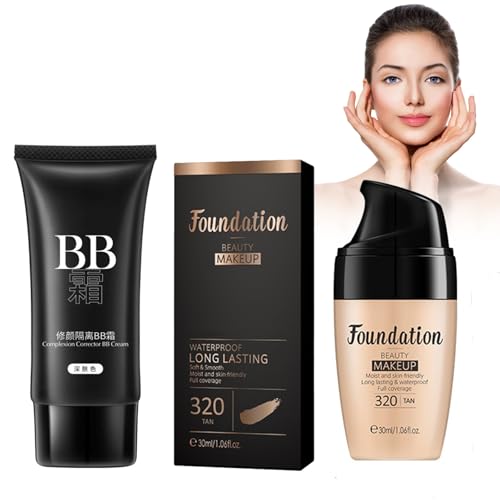 Moisturizing Liquid Foundation, Base De Maquillaje Fluida Hidratante De Larga Duración, Textura Sedosa, Incluye Una BB Cream a Juego Para Un Aspecto Natural (Tono Oscuro, 30ml)