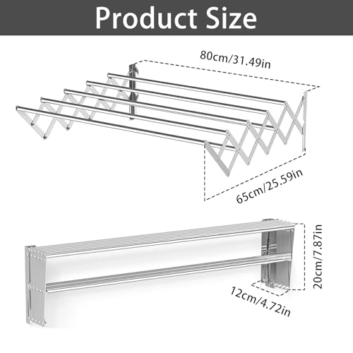 Mocoli Wäscheständer Wandmontage, 80cm Wandtrockner Wand Ausziehbar mit 5 Stangen Edelstahl Handtuchhalter Klappbar Platzsparender Trockenständer für Balkon Wäschekammer Max Tragkraft 25 Kg