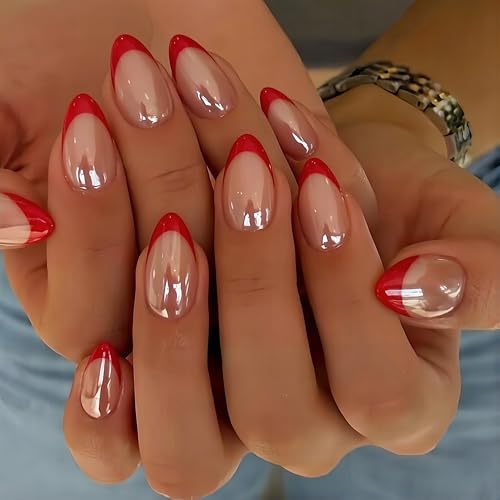 KQueenest Chrome French Tip Press On Nails Short Almond 30 Pcs Glazed Red Fake Nails Press ons With Mirror Effect Reusable Long-Lasting Bling Glue on Nails with Glue for Women Manicure