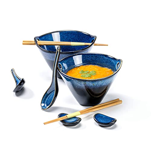 Bols à Ramen, Bol Chinois pour Soupe Porcelaine, 8 Pièces pour Udon, Pâtes, Céréales et Mélange de Fruits, Bol Fait à la Main de Style Japonais - 600ml, Bleu Cover