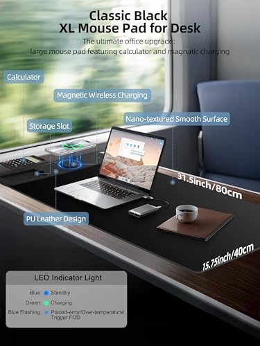 Image of Mouse Pad 31.5x15.75 Inch with Calculator, 15W Magnetic Wireless Charging Desk Mat, XXL Desk Pad, Home Office Large Keyboard Pad with Ultra-Smooth Surface, Non-Slip Base (Black with 20W PD Charger)