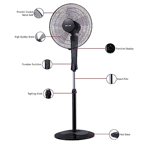 Image of IBELL WINDP10R Pedestal Fan | 5 Leaf High Airflow Design | 3 Speed Modes | Adjustable Height & Tilt | Timer Function | Wide Oscillation | 55W Powerful Floor Fan (Black)
