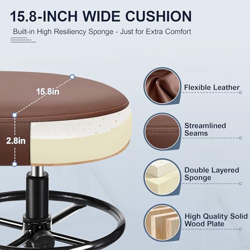 Image of Brick Attic Drafting Chair with Backrest - Adjustable Foot Rest Rolling Stool with Wheels, PU Leather Swivel Stool for Office Spa Studio Lab Counter Salon Home Work Bar Kitchen Shop(Brown)