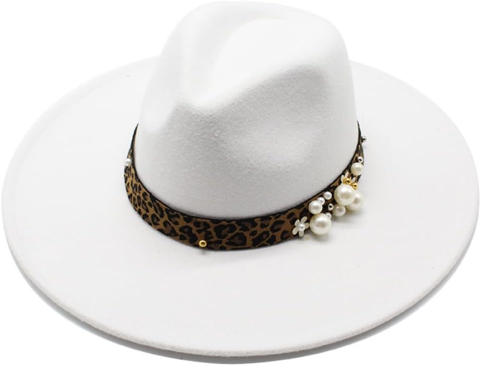 Elegant Western Fedora Hat, Cream White Wool-Blend, Leopard Print Band with Pearl Accents, Classic Pinched Crown Design
