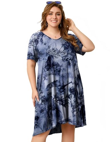 Image of OVERWORETY Womens Short Sleeve Plus Size T-Shirt Dress V Neck Casual Loose Swing A-Line Summer Tunic Dresses with Pockets