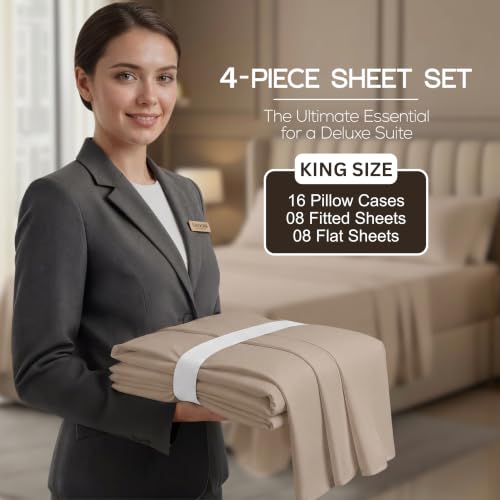Image of 8-Pack Hotel King Size Sheet Set, Soft Brushed Microfiber Hotel Sheets, Hotel Quality Bedding, Deep Pocket, Shrink & Fade Resistant, Easy Care, Beige