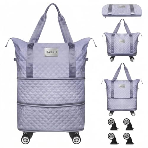 Image of HAKKU 2 Layer Nylon Duffle Trolley Bag for Traveling /Extendable Luggage with 4 Wheels /Waterproof Travel Bag /Convertible Luggages for Men and Women /Travelling Bags (Texture with Wheel, Purple)