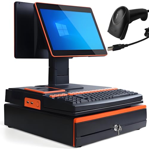 All-in-One-Smart-Kassen-POS-System Touchscreen Kasse für Supermarkt Kiosk & Laden Komplett-Set mit Scanner Kassenlade & Kundendisplay für Kleinunternehmen Restaurants Einzelhandel Orange