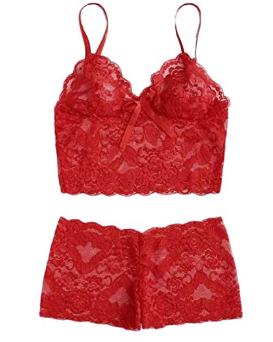 Women Sexy Lace Camisole Bra and Shorts 2 Pieces Lingerie Babydoll Bodysuit Pajamas Sleepwear Sets (M, Red)