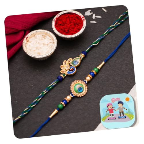 Image of CraftVatika Peacock Rakhi Set for Brother Rakhis for Rakshabandhan, Mor Pankh Rakhi for Bhai Bhaiya Set of 2 for Man Boy Kids Combo for Rakshabandhan with Fridge Magnet for Door Decor Tillak Set