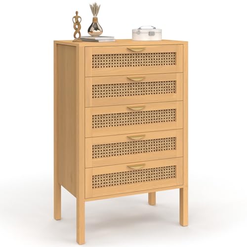 IDMarket - Chiffonnier 5 tiroirs EDHEN 60 cm Bois et cannage