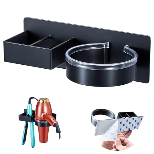YYBO Hairdryer and Straightener Holder, Hair Dryer Holders Hair Straighteners Holder Wall Mount, Hairdryer Holders Station, Bathroom Hair Tools Organiser Adhesive Hair Dryer Stand (Black)