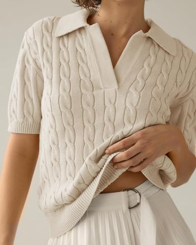 Image of Imily Bela Womens Cable Short Sleeve Sweaters Tops Lapel V Neck Knit Shirt