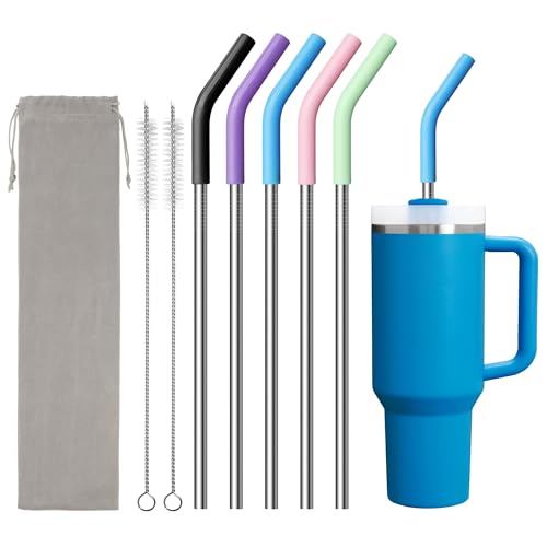 Image of Metal Straws Reusable for 40 oz Tumbler, 5 Pcs Extra Long Stainless Steel Straws with Silicone Tips for Stanley,Simple Modern, Meoky 40oz Cup